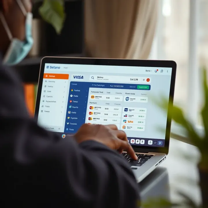 User navigating Betano platform on a laptop with payment methods visible