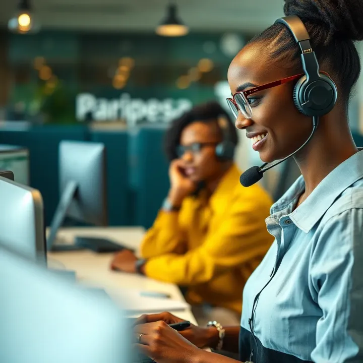 Customer support representative with headset assisting clients via computer