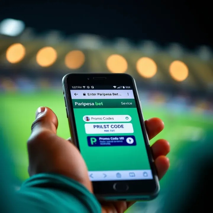 Illustration showing a mobile phone screen displaying the Paripesa Bet website with a promo code input field visible