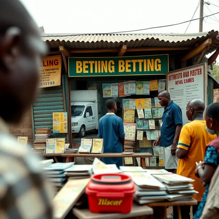 Traditional Nigerian Betting Shop in a Local Community Traditional Nigerian betting shop with lottery tickets and community members gathered