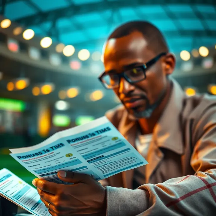 Illustration of a bettor strategically analyzing betting slips with bonus terms highlighted