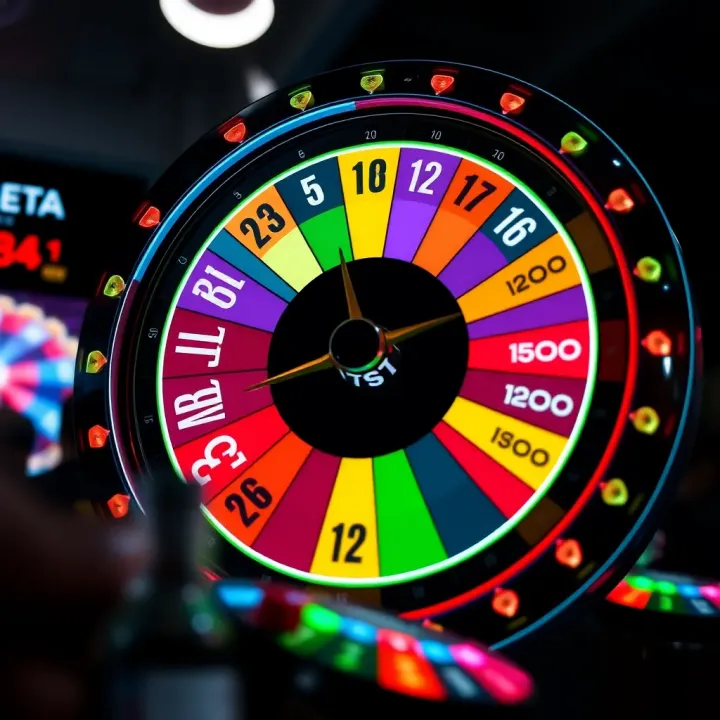 Colorful spinning wheel with multiple segments representing different betting outcomes in an online game interface