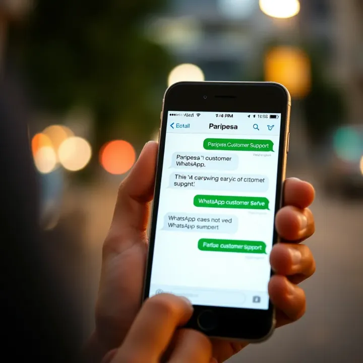 Mobile phone displaying WhatsApp chat with Paripesa customer support