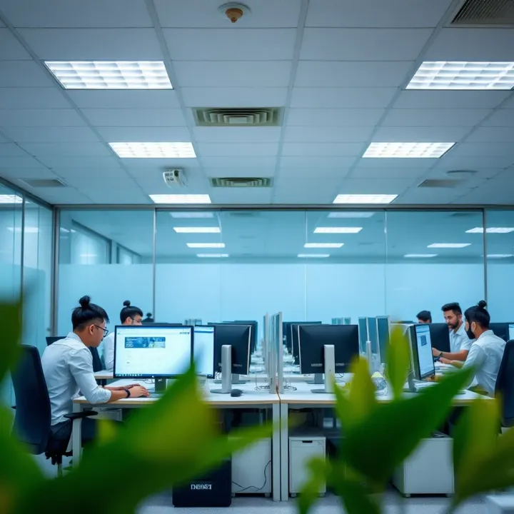 Customer service team working at desks with computers in a bright office space