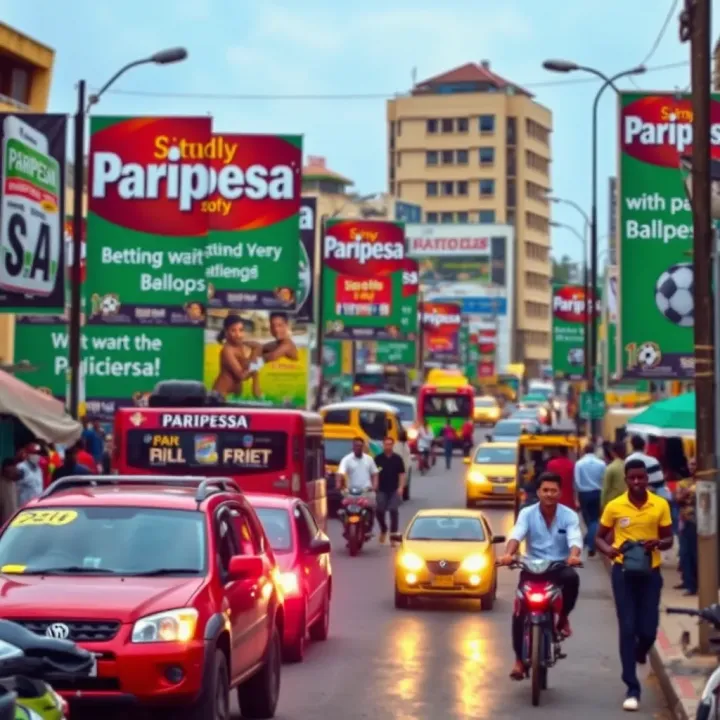Colorful view of a busy street in Ibadan with banners promoting Paripesa betting activities