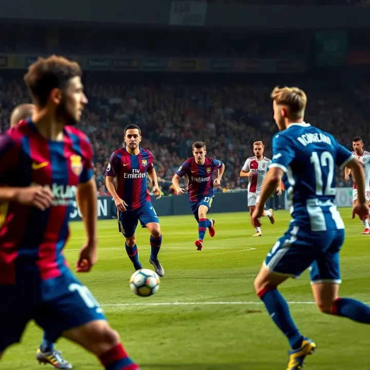 Dynamic action scene from a La Liga football match showcasing intense competition between top teams