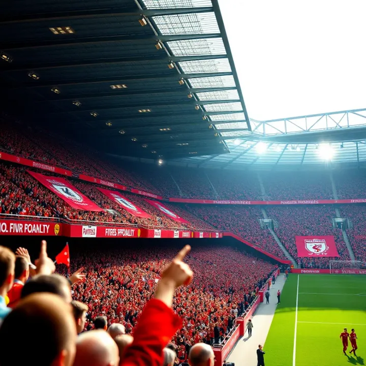 Liverpool FC Football Match Atmosphere A detailed view of a football stadium filled with fans supporting Liverpool FC during a match