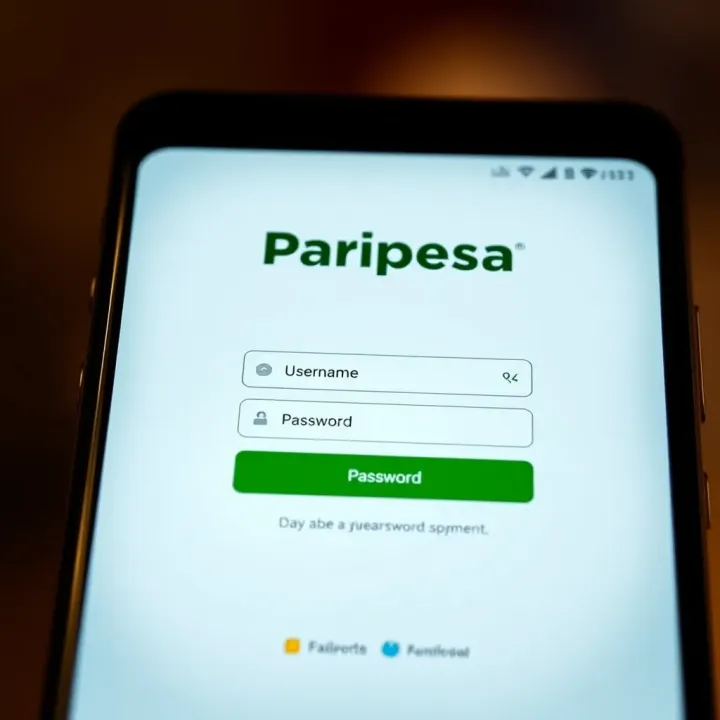User interface displaying the Paripesa login screen with fields for username and password on a mobile device