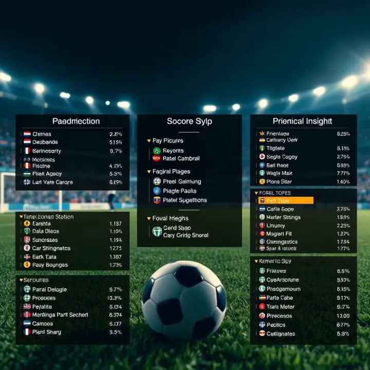 Soccer field with highlighted key match fixtures and prediction data