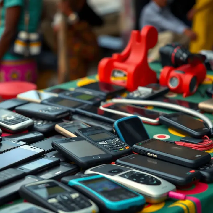 Display of old mobile phones arranged on a market table in Paripesa Lagos