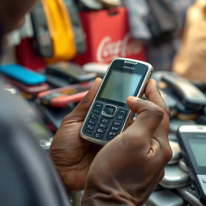Inspecting Condition of Used Mobile Phones in Paripesa Close-up view of a vintage mobile phone being inspected for condition and functionality