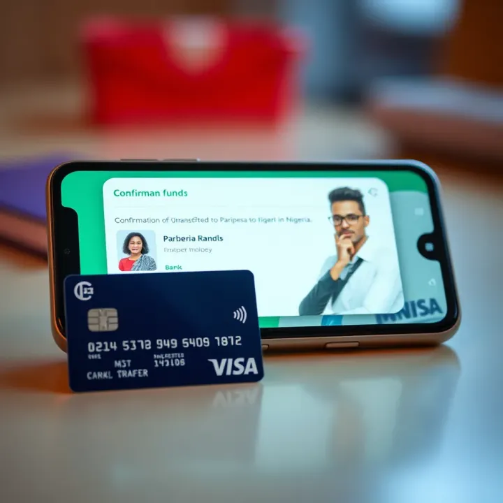 Bank card and mobile phone displaying confirmation of successful money transfer