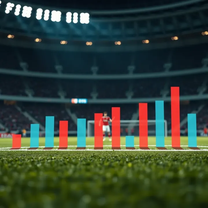 Football pitch with statistical data overlay showing team performance and scoring trends