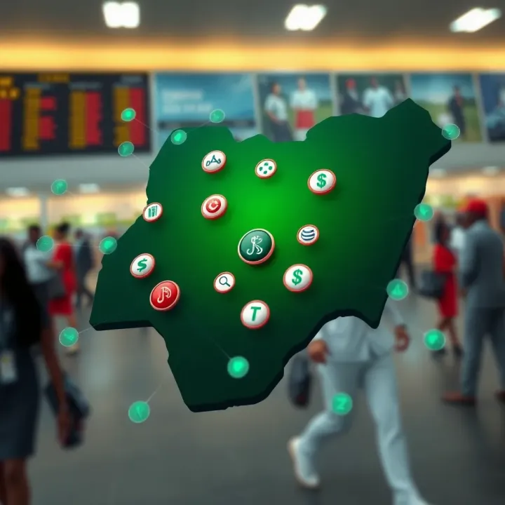 Abstract representation of Nigerian map with tech icons and betting symbols highlighting connectivity