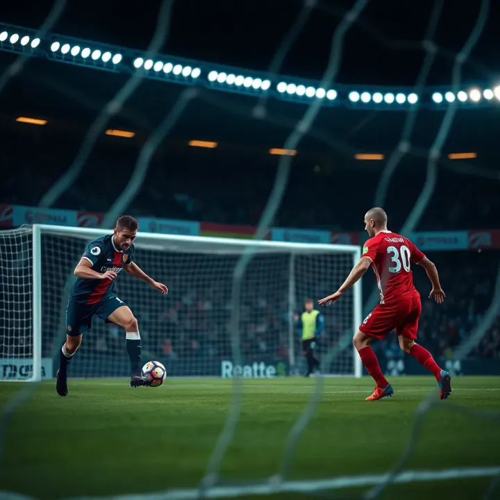 Football pitch with two teams scoring goals simultaneously during a match